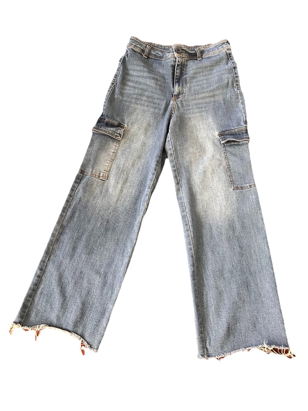 OAT New York High Rise Wide Leg Cargo Jeans Raw Hem Size 10/30